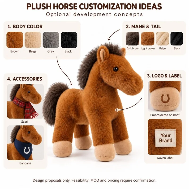 Private-label concept for standing brown horse plush, showing proposed brand label and hangtag options; sample approval required.