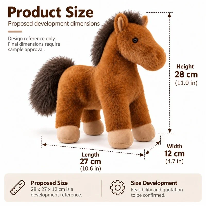 Standing Brown Horse Plush — proposed dimensions — confirm with sample