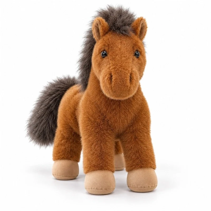Standing brown horse plush concept with a dark mane and tail and beige hooves.