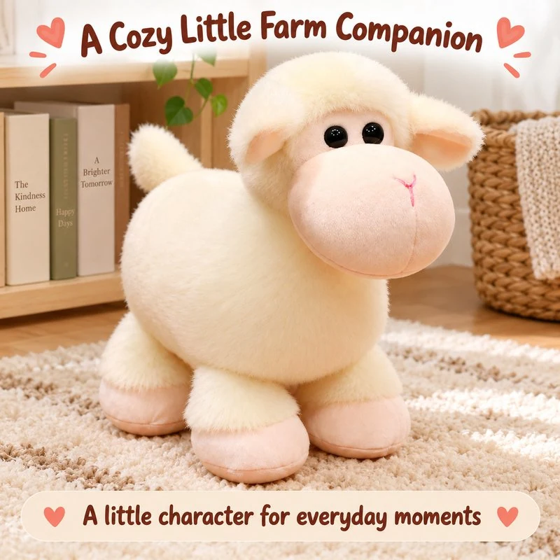 Illustrative application scene featuring standing cream sheep plush; setting is a concept.