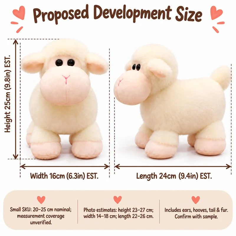 Standing Cream Sheep Plush — proposed size reference; dimensions require sample confirmation.