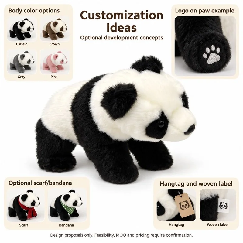 Customization concept for standing panda bear stuffed animal; feasibility and sample approval required.