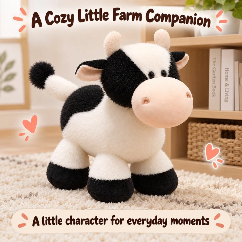 Illustrative application scene featuring standing spotted cow plush; setting is a concept.