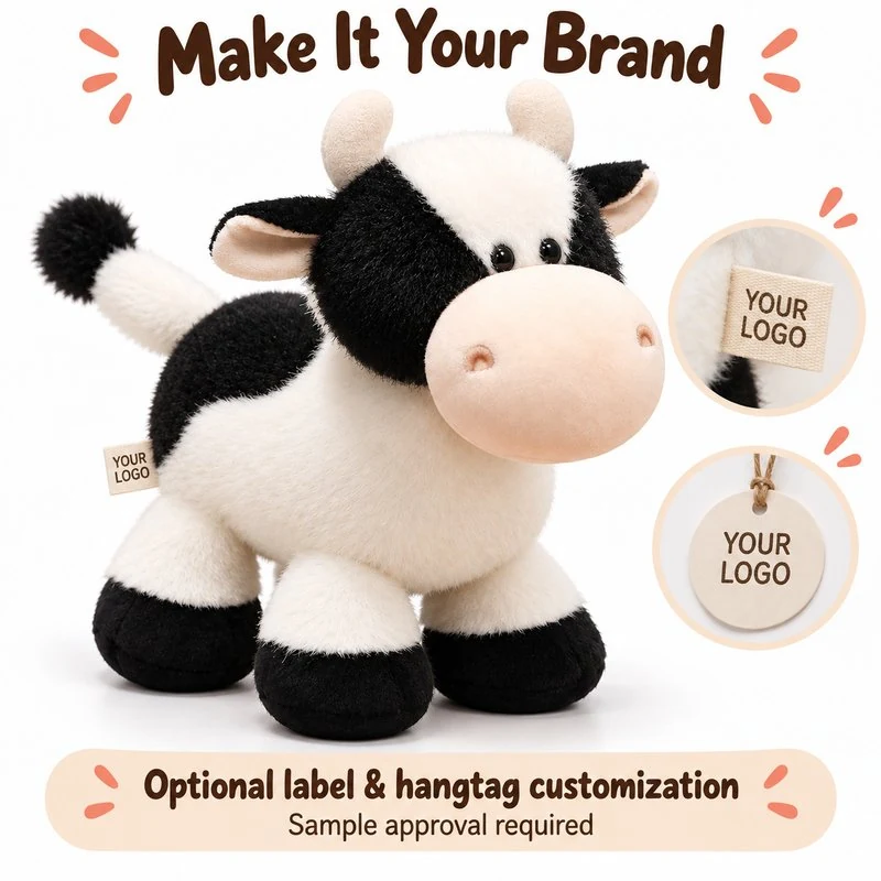 Customization concept for standing spotted cow plush; feasibility and sample approval required.
