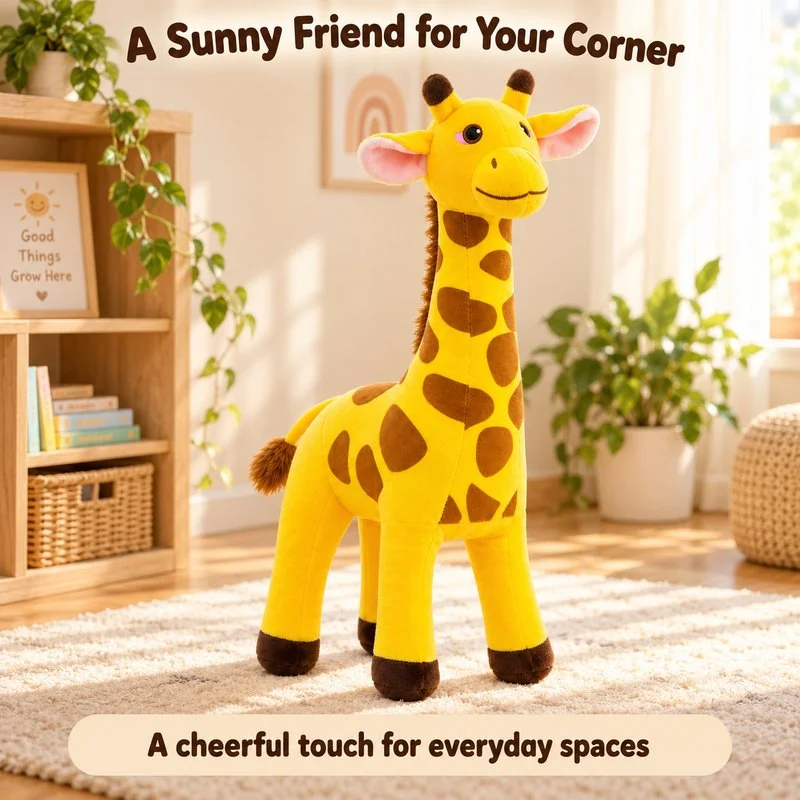 Illustrative application scene featuring standing yellow giraffe plush; setting is a concept.