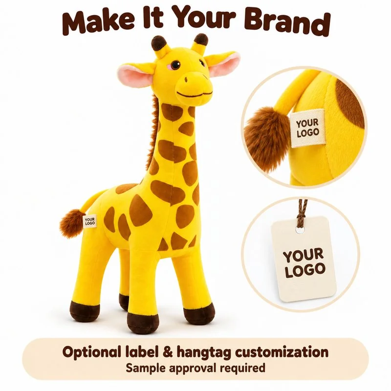 Customization concept for standing yellow giraffe plush; feasibility and sample approval required.