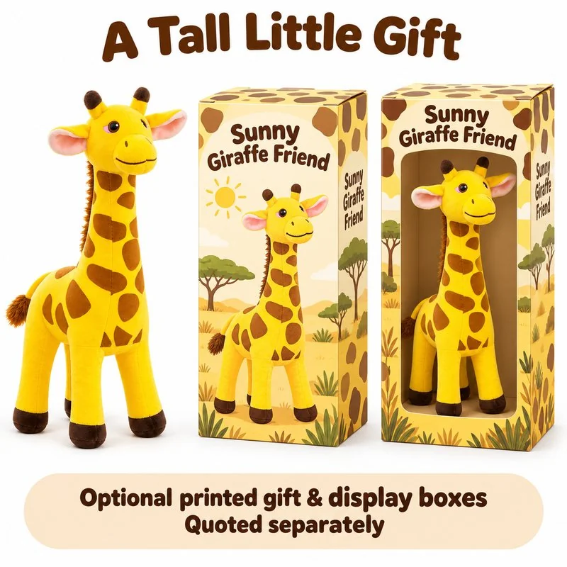 Standing Yellow Giraffe Plush — optional packaging concept; final artwork, fit and quotation require confirmation.
