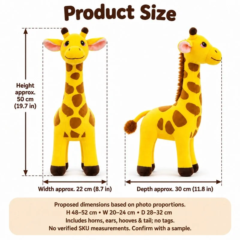 Standing Yellow Giraffe Plush — proposed size reference; dimensions require sample confirmation.