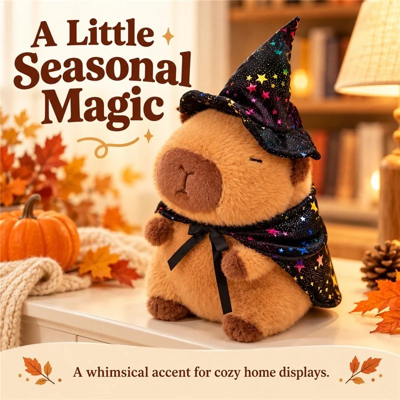 Illustrative application scene featuring starry wizard capybara plush; setting is a concept.