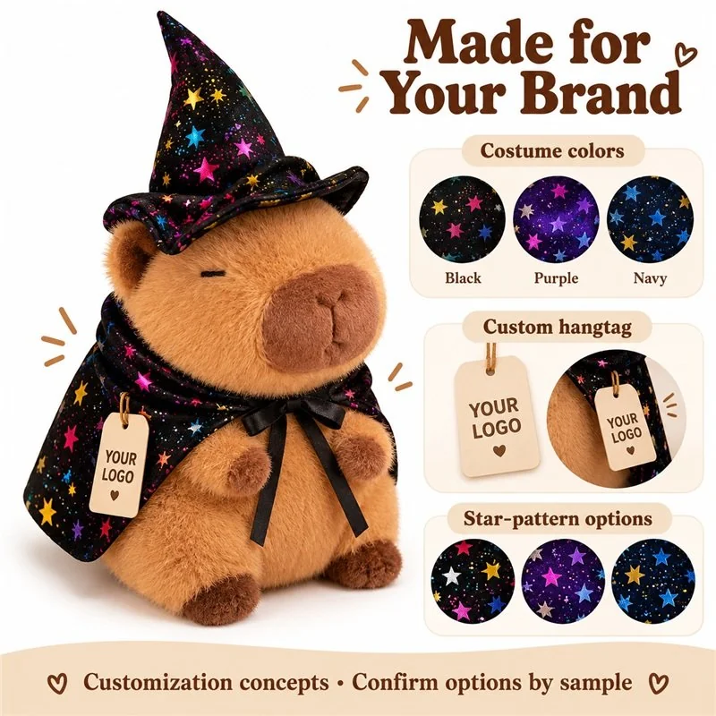 Customization concept for starry wizard capybara plush; feasibility and sample approval required.