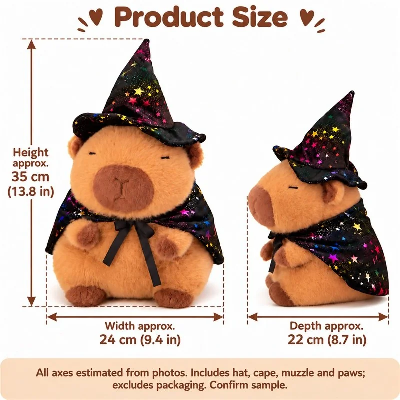 Starry Wizard Capybara Plush — proposed size reference; dimensions require sample confirmation.