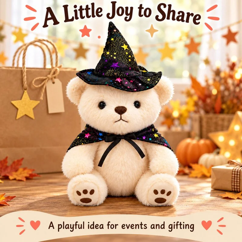 Illustrative application scene featuring starry wizard hat teddy bear plush; setting is a concept.
