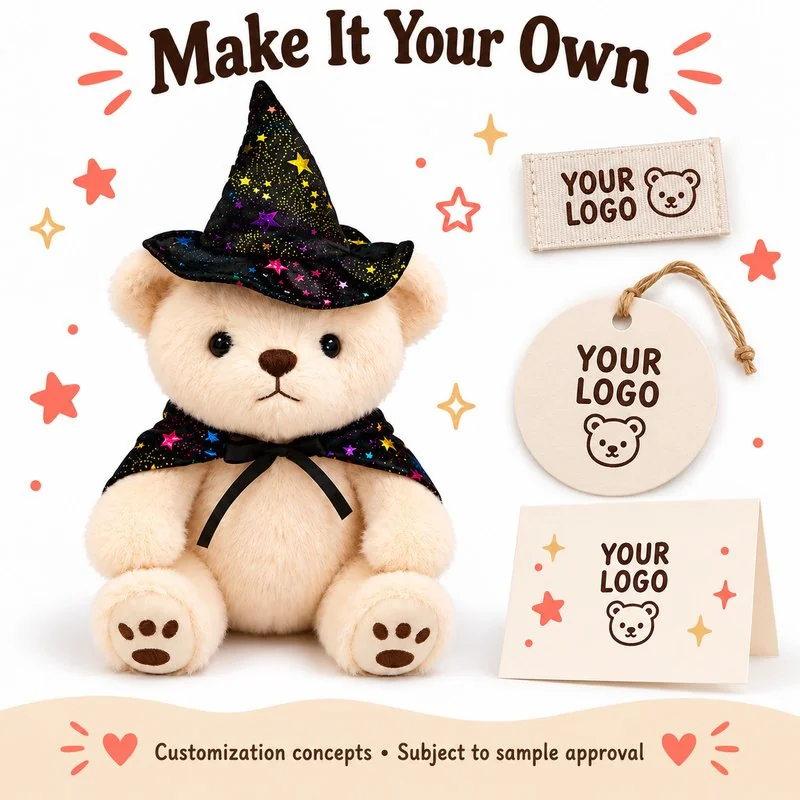 Customization concept for starry wizard hat teddy bear plush; feasibility and sample approval required.