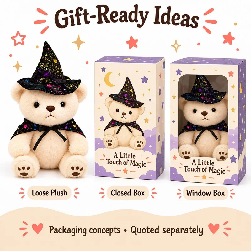 Starry Wizard Hat Teddy Bear Plush — optional packaging concept; final artwork, fit and quotation require confirmation.