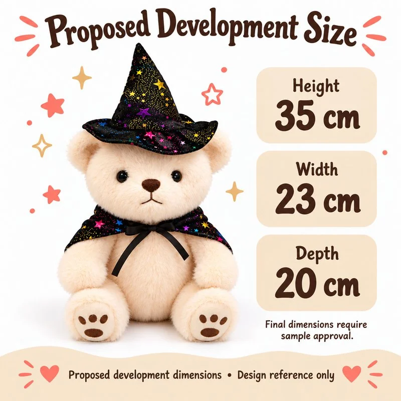 Starry Wizard Hat Teddy Bear Plush — proposed size reference; dimensions require sample confirmation.