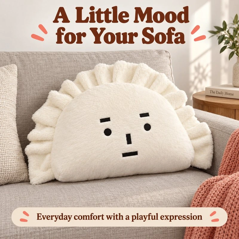 Illustrative application scene featuring straight face dumpling plush pillow; setting is a concept.