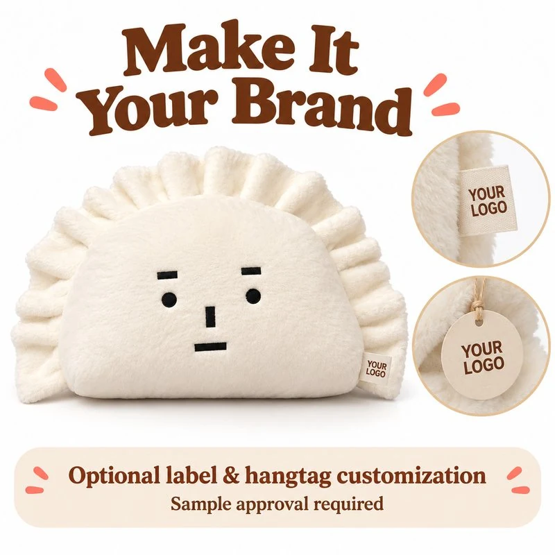 Customization concept for straight face dumpling plush pillow; feasibility and sample approval required.