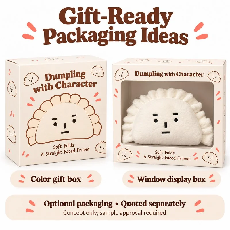 Straight Face Dumpling Plush Pillow — optional packaging concept; final artwork, fit and quotation require confirmation.