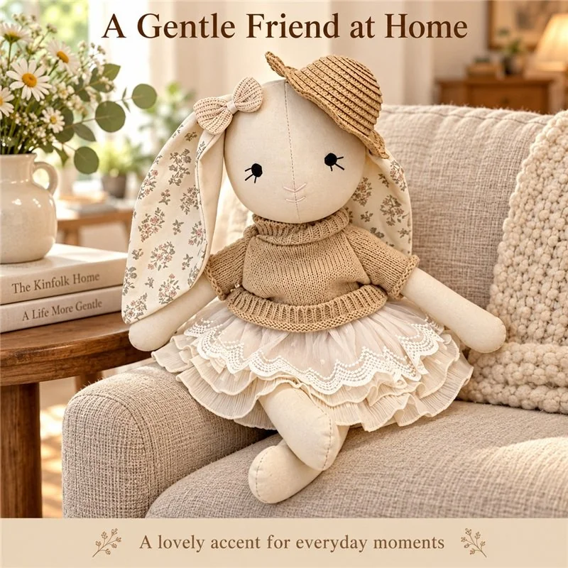 Illustrative application scene featuring straw hat lace skirt rabbit doll; setting is a concept.