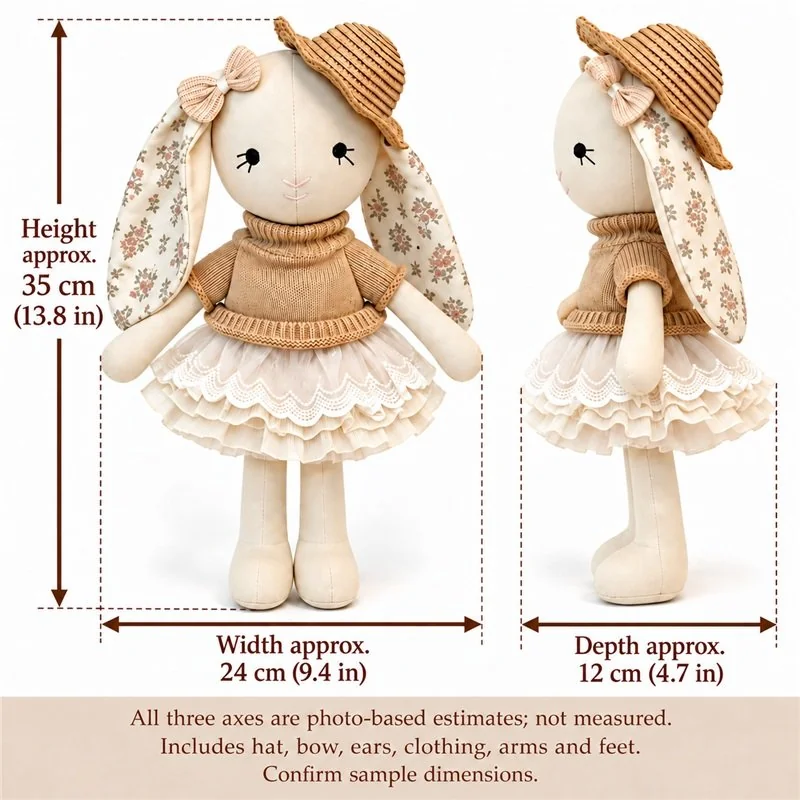 Straw Hat Lace Skirt Rabbit Doll — proposed size reference; dimensions require sample confirmation.