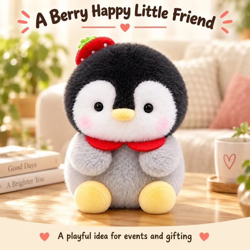 Illustrative application scene featuring strawberry hat penguin plush; setting is a concept.