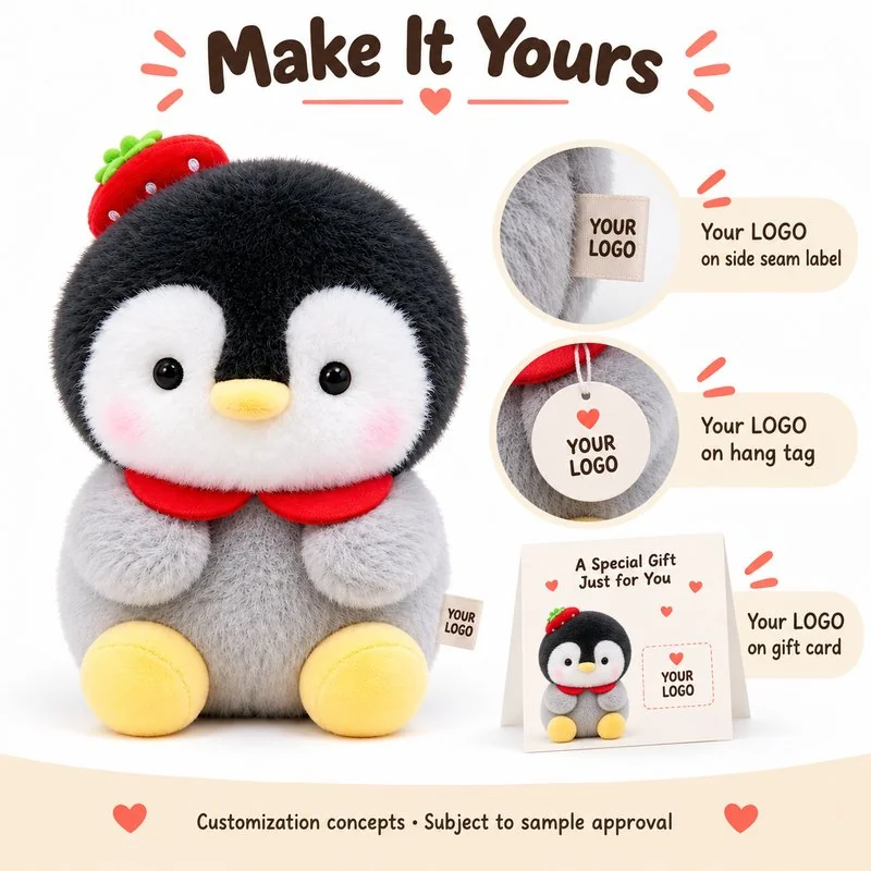 Customization concept for strawberry hat penguin plush; feasibility and sample approval required.
