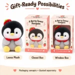 Strawberry Hat Penguin Plush — optional packaging concept; final artwork, fit and quotation require confirmation.