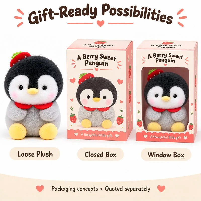 Strawberry Hat Penguin Plush — optional packaging concept; final artwork, fit and quotation require confirmation.
