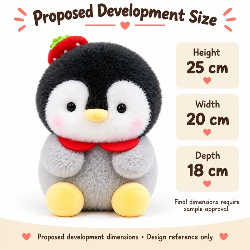 Strawberry Hat Penguin Plush — proposed size reference; dimensions require sample confirmation.