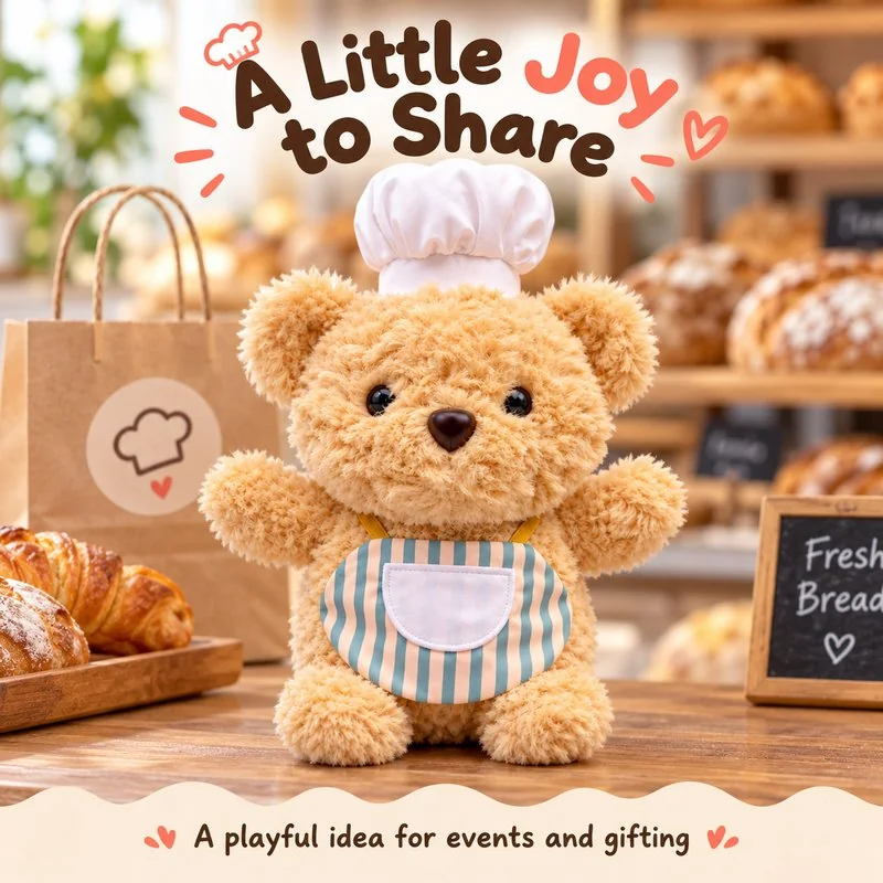 Illustrative application scene featuring striped apron chef bear plush; setting is a concept.