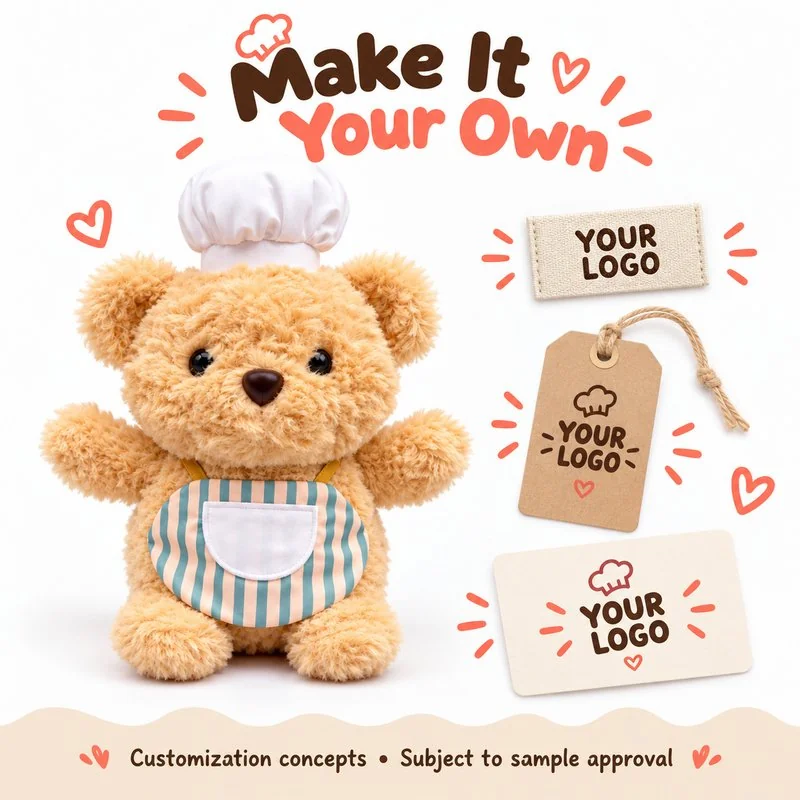 Customization concept for striped apron chef bear plush; feasibility and sample approval required.