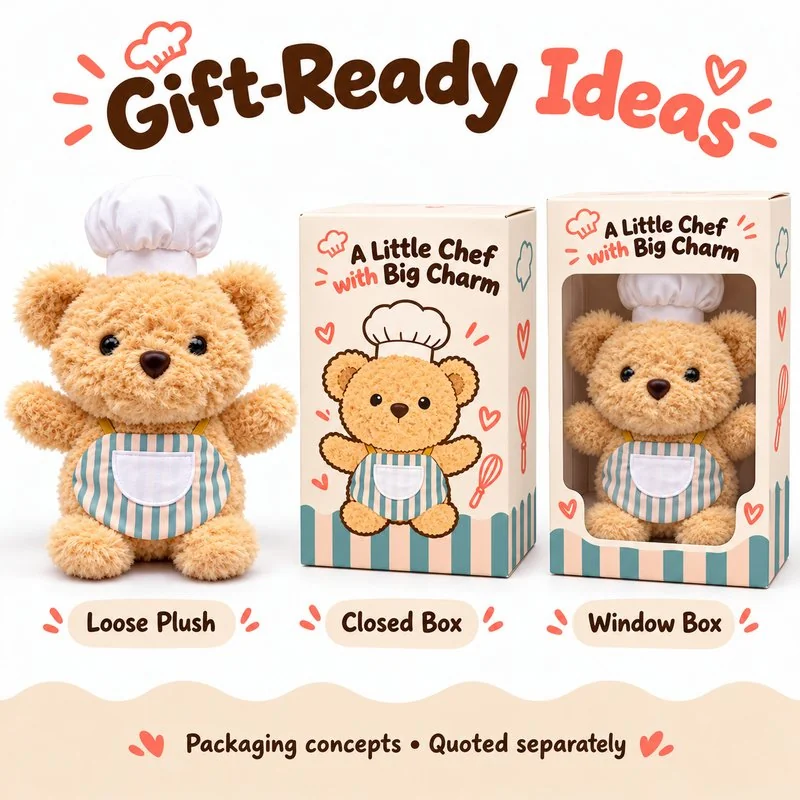 Striped Apron Chef Bear Plush — optional packaging concept; final artwork, fit and quotation require confirmation.