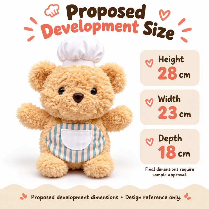 Striped Apron Chef Bear Plush — proposed size reference; dimensions require sample confirmation.