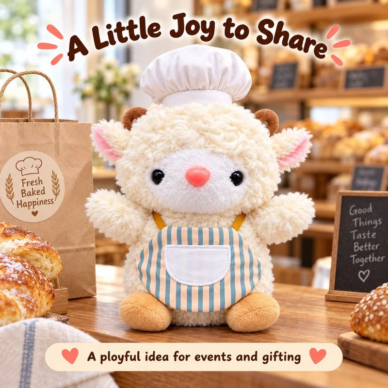 Illustrative application scene featuring striped apron chef lamb plush; setting is a concept.