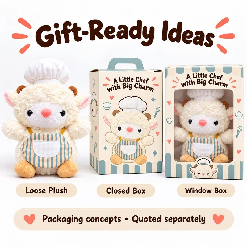 Striped Apron Chef Lamb Plush — optional packaging concept; final artwork, fit and quotation require confirmation.