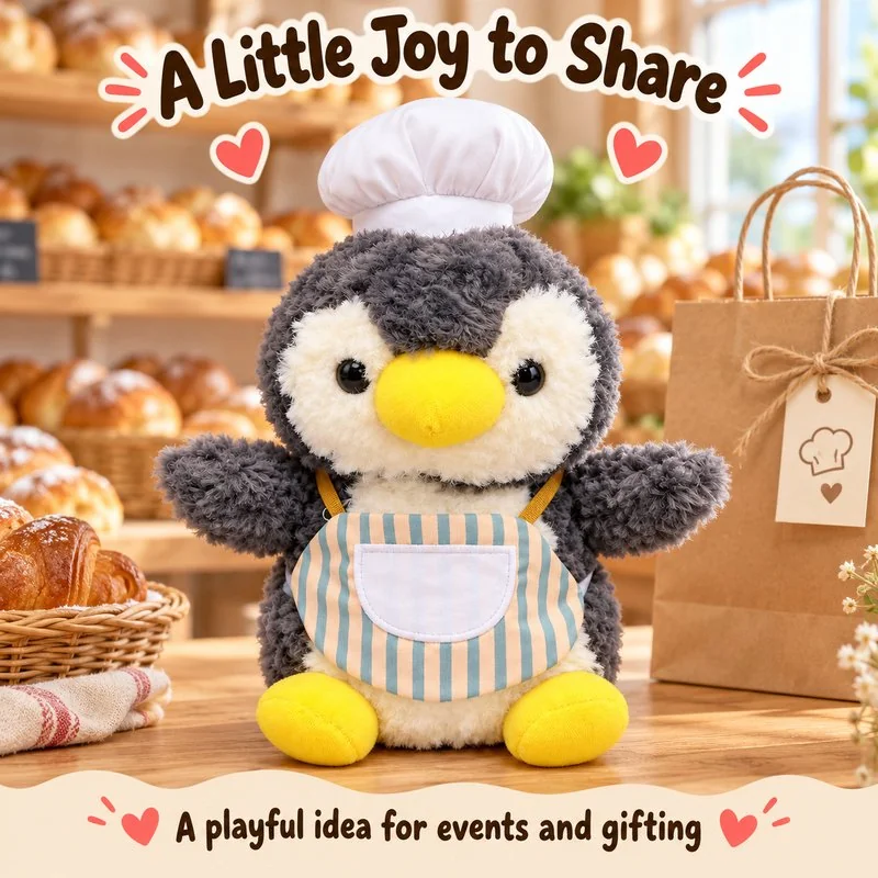 Illustrative application scene featuring striped apron chef penguin plush; setting is a concept.