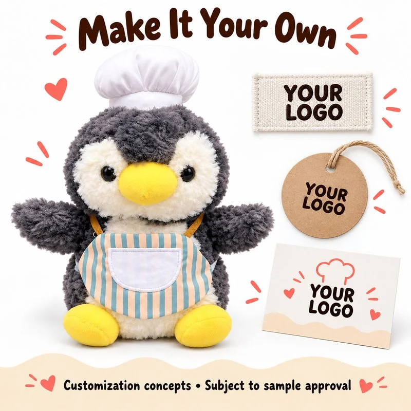 Customization concept for striped apron chef penguin plush; feasibility and sample approval required.