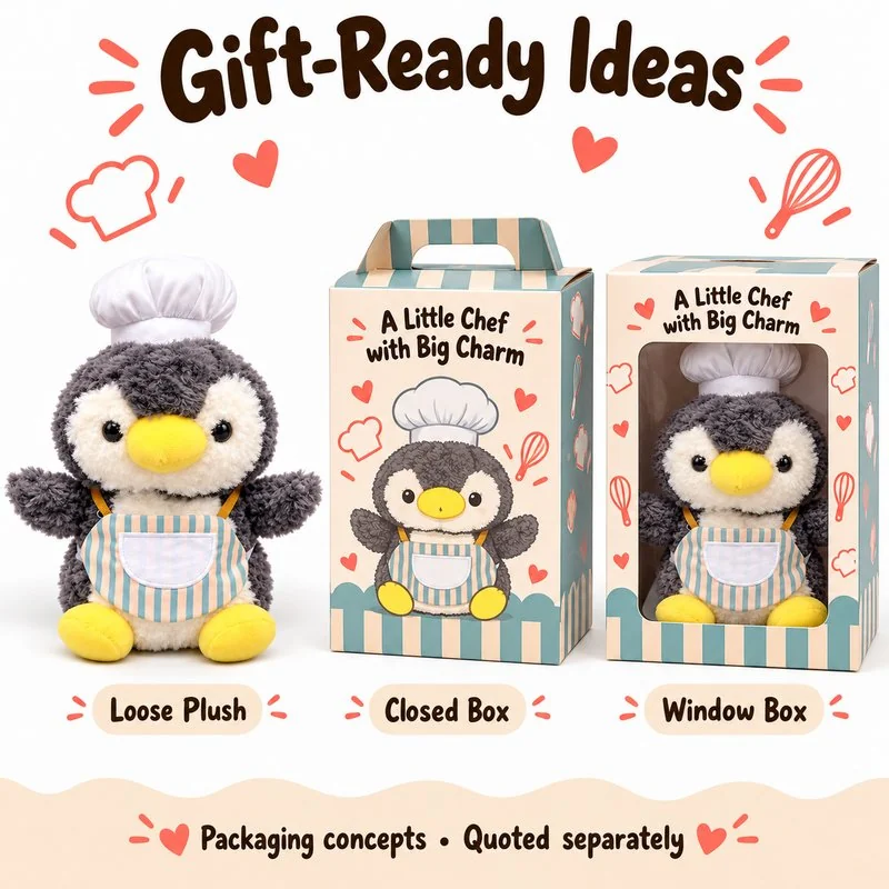 Striped Apron Chef Penguin Plush — optional packaging concept; final artwork, fit and quotation require confirmation.