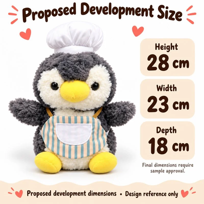 Striped Apron Chef Penguin Plush — proposed size reference; dimensions require sample confirmation.