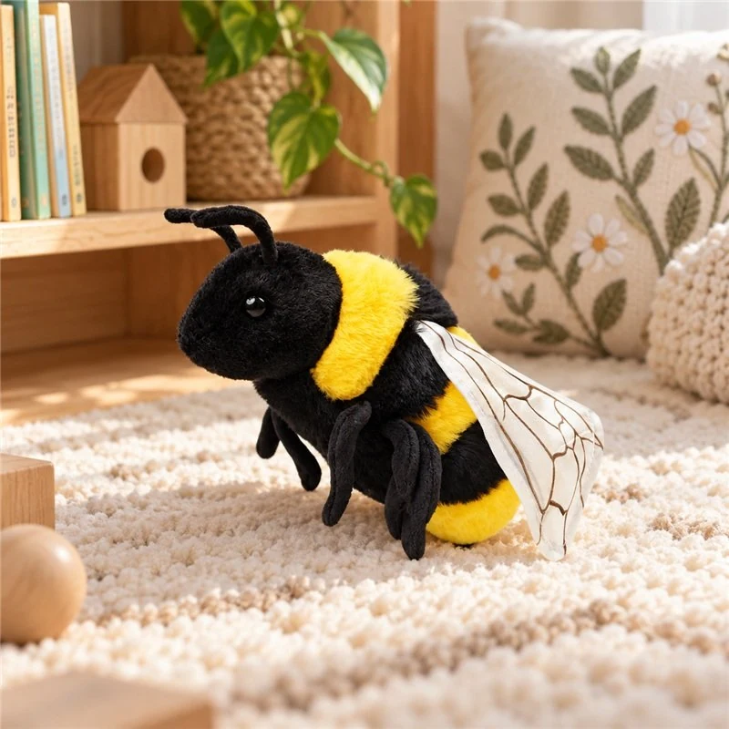 Illustrative application scene featuring striped bumblebee plush; setting is a concept.