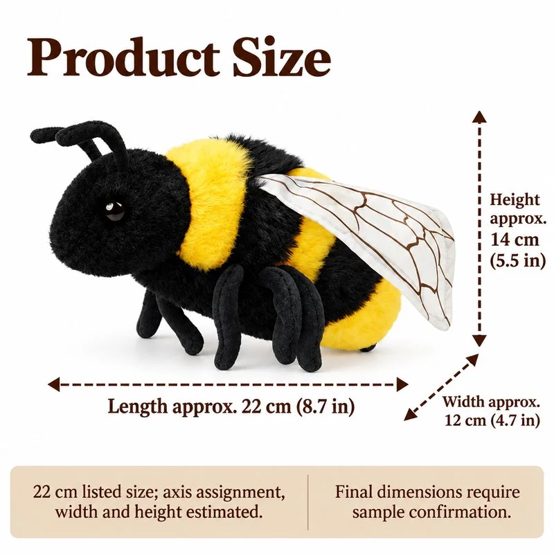 Striped Bumblebee Plush — proposed dimensions — confirm with sample