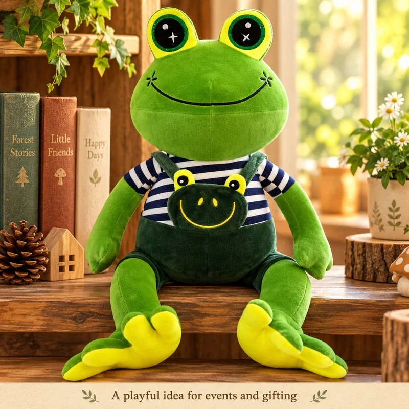 Illustrative application scene featuring striped shirt overall frog plush; setting is a concept.