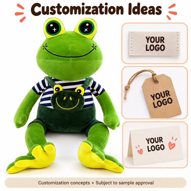 Customization concept for striped shirt overall frog plush; feasibility and sample approval required.