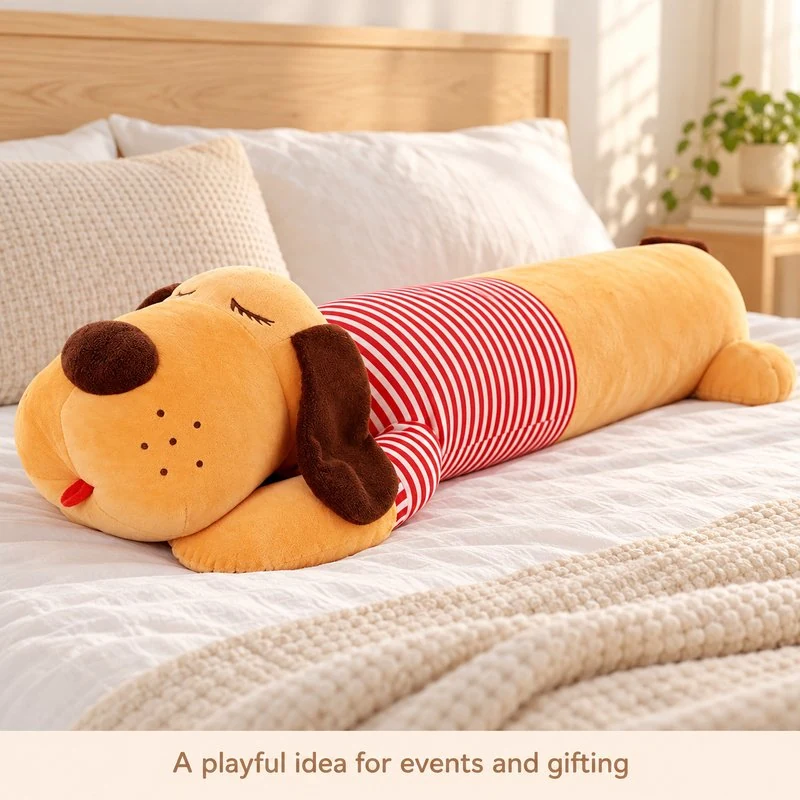 Illustrative application scene featuring striped shirt sleeping dog plush pillow; setting is a concept.