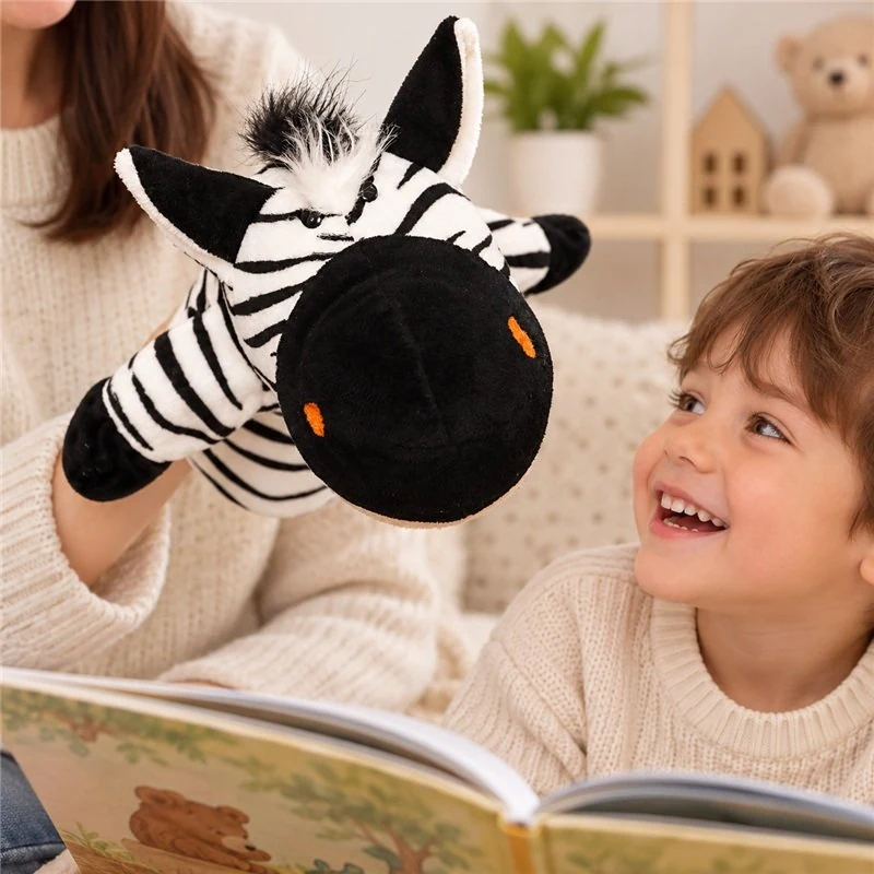 Illustrative application scene featuring striped zebra hand puppet; setting is a concept.