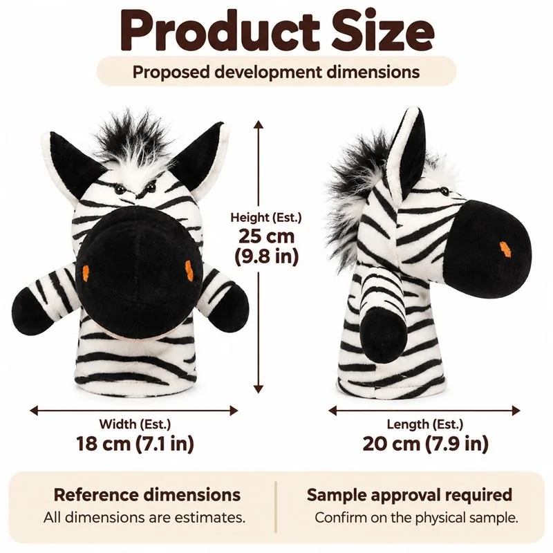 Striped Zebra Hand Puppet — proposed size reference; dimensions require sample confirmation.