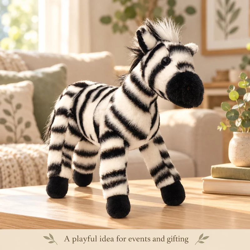 Illustrative application scene featuring standing striped zebra plush; setting is a concept.