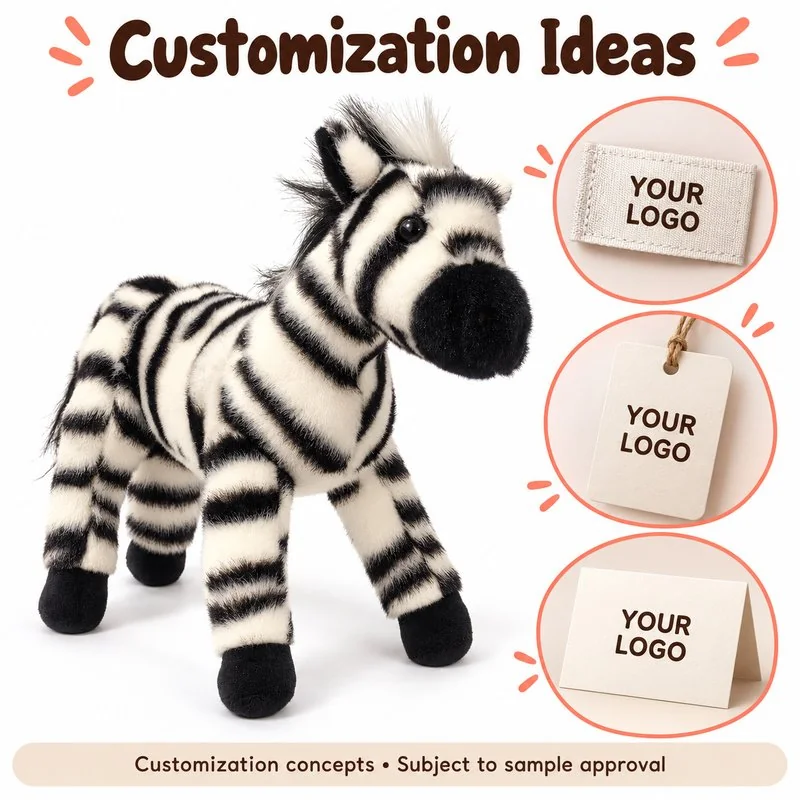 Customization concept for standing striped zebra plush; feasibility and sample approval required.