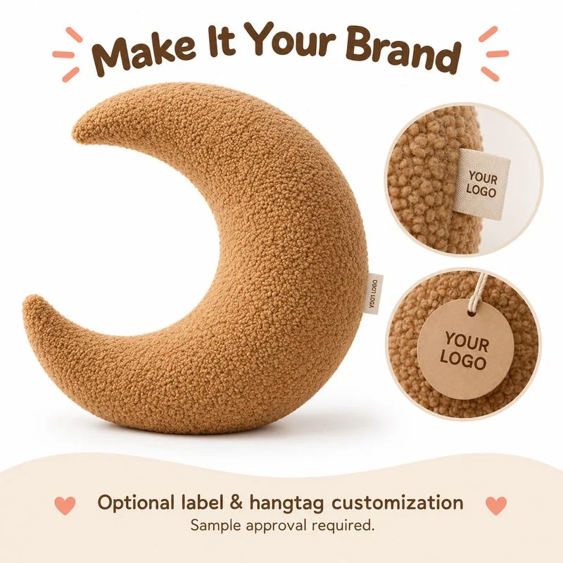 Customization concept for tan crescent moon plush pillow; feasibility and sample approval required.