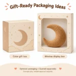 Tan Crescent Moon Plush Pillow — optional packaging concept; final artwork, fit and quotation require confirmation.